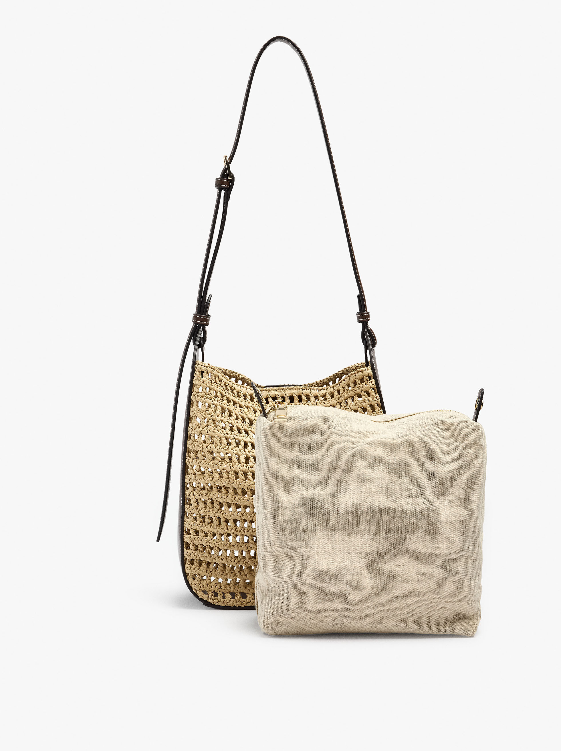 Borsa a tracolla effetto paglia con borsa rimovibile