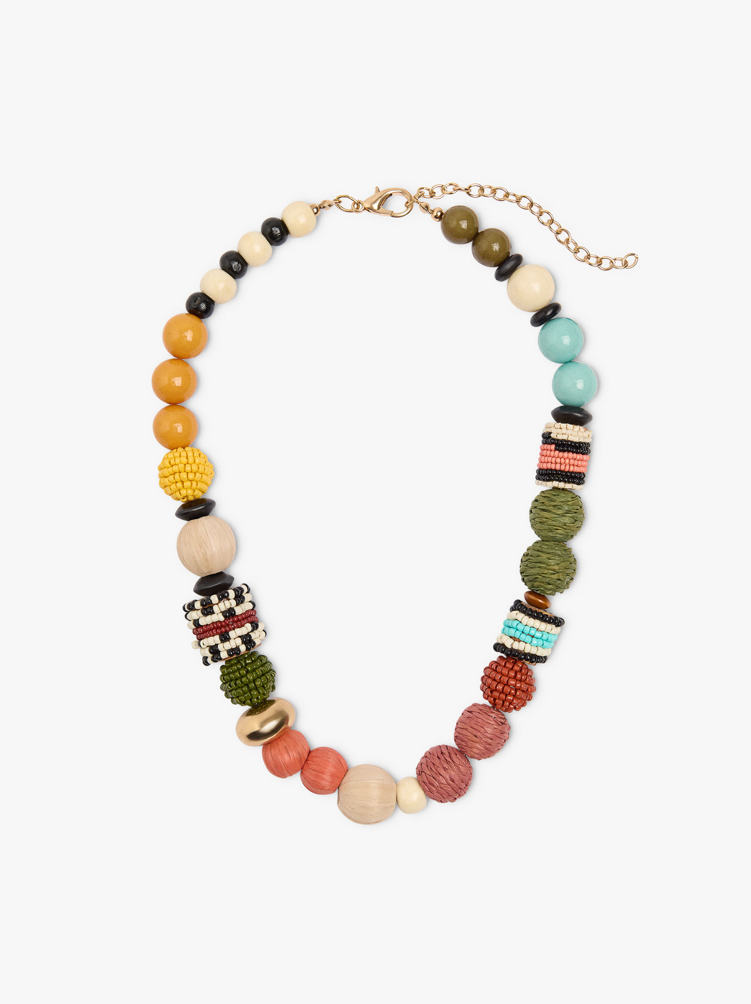 Collana multicolore con perline di rafia e legno